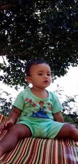 Adorable baby sits outdoors on a colorful mat under lush green trees.