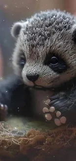 Cute baby panda cuddled in a hand.