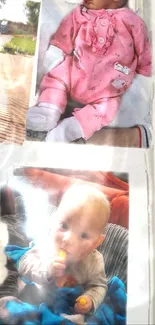 Collage of babies in pink and blue outfits, smiling and playful.