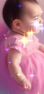 Adorable baby wearing a pink dress on a soft pastel background.