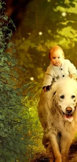 Cute baby on a dog in a glowing forest setting.