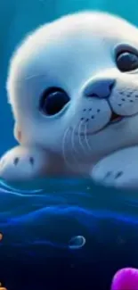 Cute cartoon baby seal amidst colorful coral underwater.