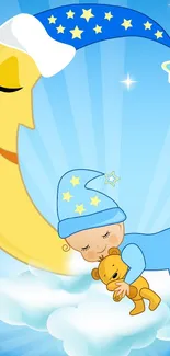 Baby sleeps on clouds with moon and stars.