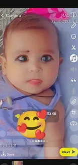 Smiling baby with emoji in Snapchat style on wallpaper.