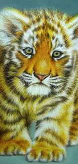 Cute baby tiger with detailed fur on a green background.