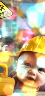 Adorable baby in a construction helmet with colorful bokeh background.