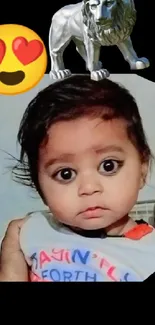 Cute baby with silver lion and heart emoji on wallpaper.