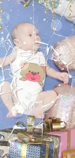 Cute baby with broken glass overlay, surrounded by gifts on a blue background.