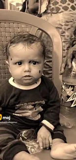 Cute baby with curious expression and a Mountain Dew bottle in sepia tone.