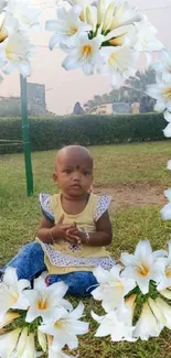 Baby sitting with floral wreath on green grass background.