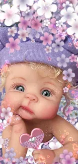 Cute baby with lilac floral hat surrounded by blossoms.