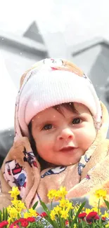 Adorable baby wrapped in beige blanket with colorful flowers.