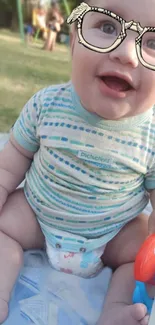 Smiling baby with funny oversized glasses sitting outdoors.