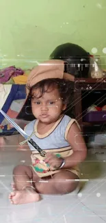 Cute baby sitting on floor holding a digital sword with green background.