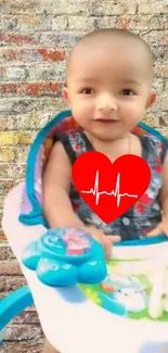 Smiling baby in a walker with a heart motif on a brick wall background.