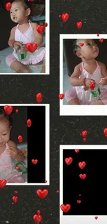 Wallpaper of a cute baby with heart frames and adorable expressions.