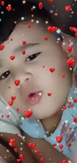 Cute baby with floating red hearts on mobile wallpaper.