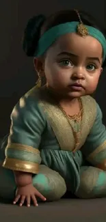 Adorable baby with teal outfit and a golden magic lamp.