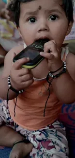 Adorable baby playing with a mobile phone.