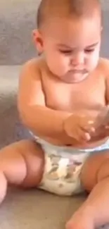 Adorable baby playing with mobile phone on stairs.