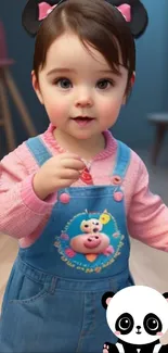 Adorable baby with panda ears in pink sweater and blue overalls.