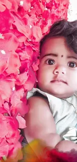 Cute baby lies on red flower petals with a gentle smile.