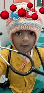 Cute baby with a colorful hat and stethoscope on teal bed.