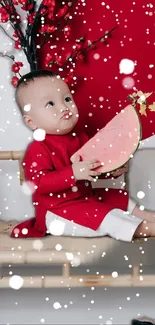 Cute baby holds watermelon in red festive scene with snowflakes.