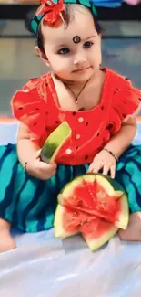 Adorable baby in red watermelon outfit holding slices.