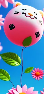 Cute balloon with pink flowers and green leaves against a blue sky.