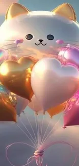 Cute cat balloon with heart-shaped balloons floating in a dreamy sky.