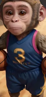 Cute monkey in a basketball jersey holding two balls on a court.