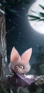 Cute bat with big ears under moonlight on a tree branch in the forest at night.