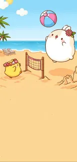 Cute cartoon beach scene with characters and volleyball.