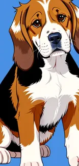 Cute cartoon beagle on blue background.