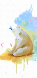 Cute bear with a butterfly on nose in pastel hues.