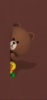 Cute bear and duck peeking from a brown background mobile wallpaper.