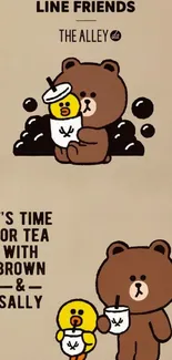 Cute bear and duck enjoying tea time on a beige background.