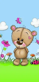 Cute cartoon teddy bear with flowers and blue sky.