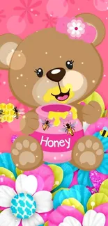 Cute bear with honey jar and colorful flowers on pink background.