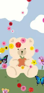 Cute bear with flowers and butterflies on a blue sky background.