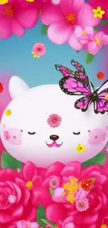 Adorable white bear with pink flowers and a butterfly.