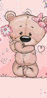 Cute teddy bear with flowers on a pink background.