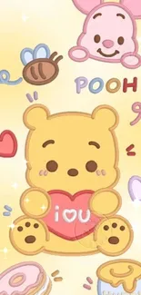 Cartoon bear and friends with heart and honey jar on yellow background.