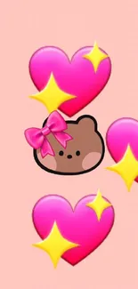 Cute bear with pink bow and hearts wallpaper.