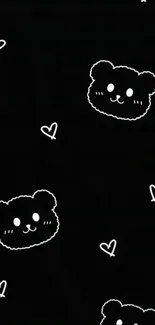 Cute bear faces and hearts on a black wallpaper background.