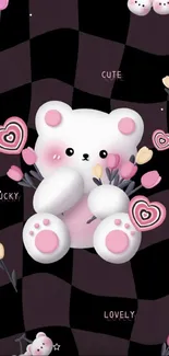 Cute bear with tulips on a pink and black mobile wallpaper.