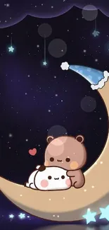 Cute bear and puppy on a moon with stars wallpaper.