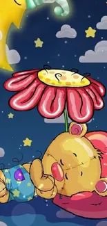 Cute teddy bear sleeping under a red flower with a smiling moon.