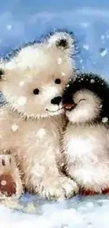 Cute bear and penguin in a snowy hug.